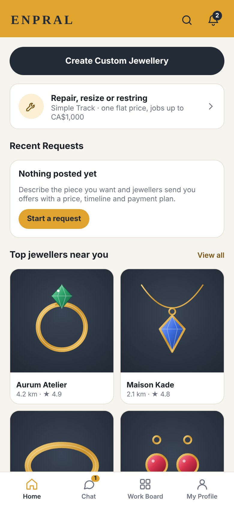 Enpral app home screen showing top jewellers nearby